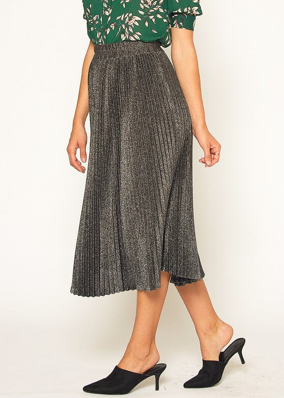 Pleione Shimmering High Waisted Pleated Midi Skirt