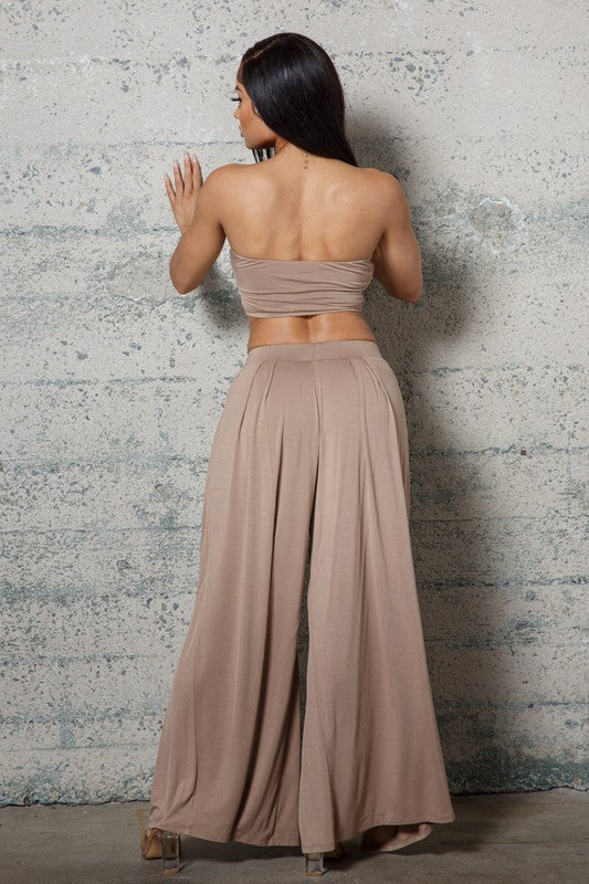 Cropped Bustier and Wide-Pleated Pants Set