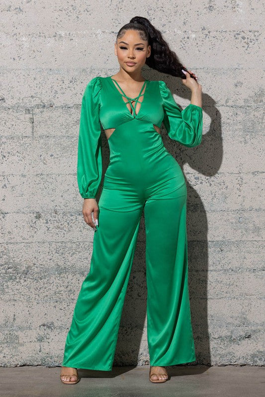 STRETCHY SATIN JUMPSUIT WITH LONG PUFFY SLEEVES