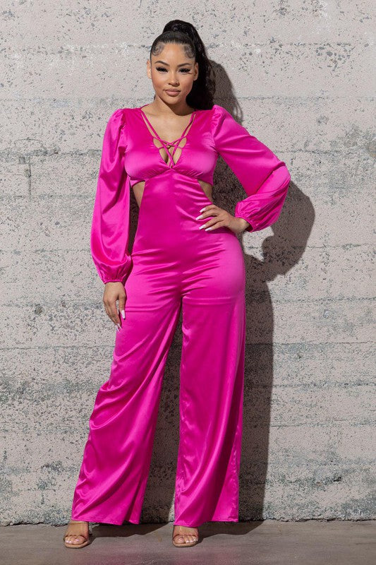STRETCHY SATIN JUMPSUIT WITH LONG PUFFY SLEEVES