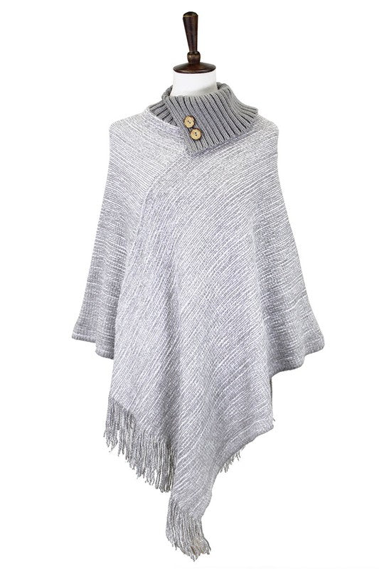 Knitted Fold Over Button Collar Poncho