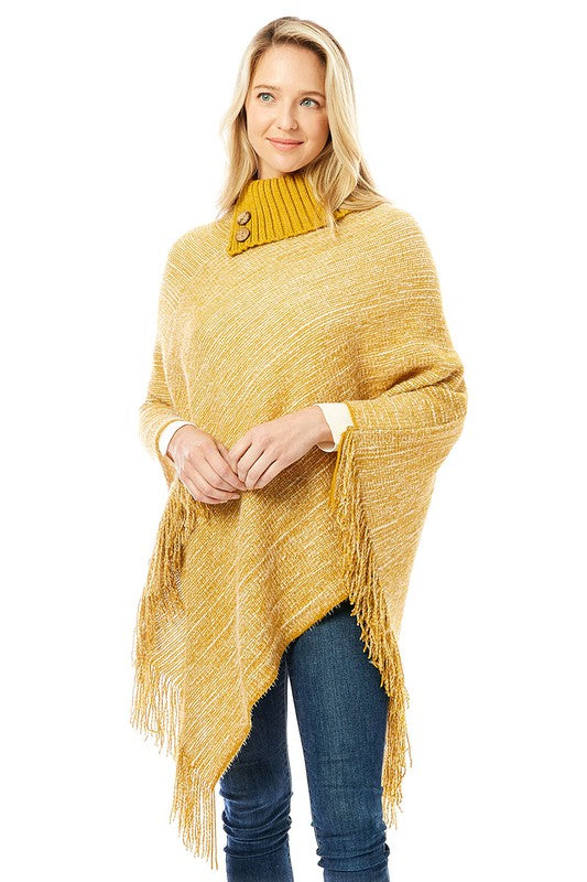 Knitted Fold Over Button Collar Poncho