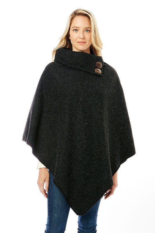 Button Pointed Solid High Neck Poncho