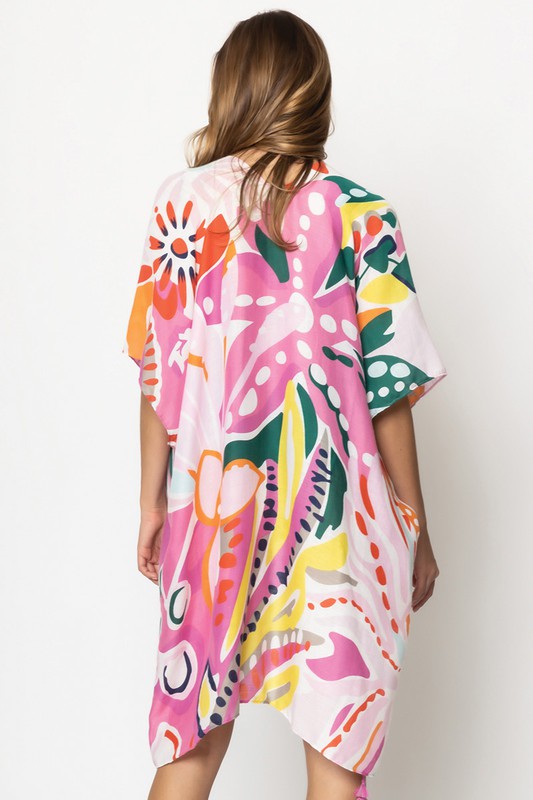 Tropical Floral Print Open Front Kimono