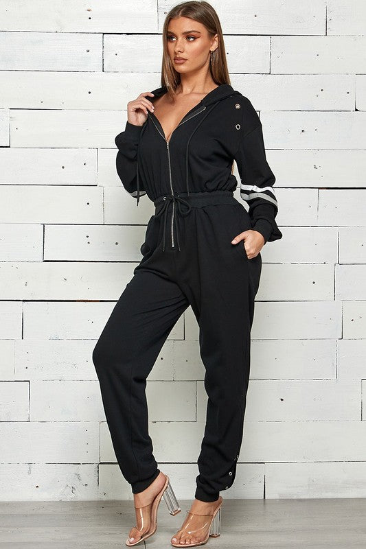 FRENCH TERRY STRIPED FRONT ZIPPER JOGGER JUMPSUIT