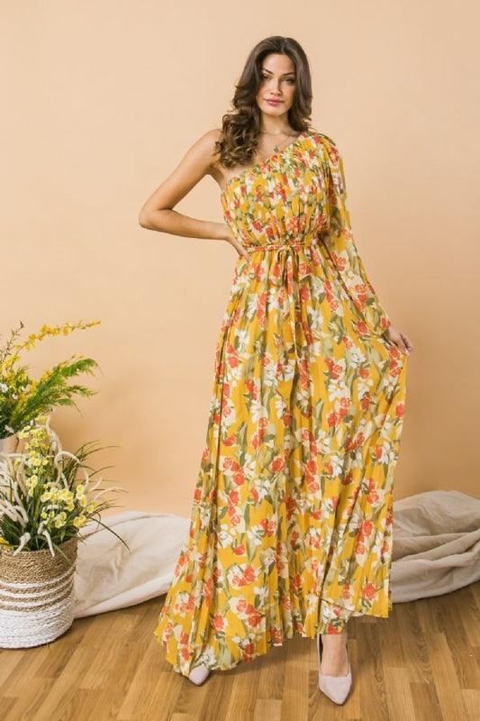 A Printed Woven One Shoulder Maxi Dress